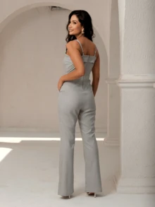 Long Linen Jumpsuit, Thin Straps, Pockets And Back Zipper. - Xám - Xem 5