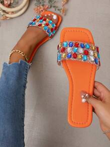 女士水钻水晶休闲一脚蹬拖鞋，闪亮闪亮平底凉鞋，带宝石装饰，时尚户外沙滩拖鞋，适合春夏季 - 橘色 - 查看 4