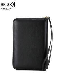 时尚字母图形 RFID 屏蔽护照夹，带腕带的护照夹，双折拉链旅行钱包，带卡槽，可放置信用卡/身份证/钱/机票/护照的 ID 窗口，轻便便携式旅行证件整理器，男女皆宜的护照卡套，适用于旅行/度假/假日/出国，生日礼物，生日礼物，旅行必需品，健身，露营，度假必需品，配件，旅行配件，巡航护照套 - 黑色 - 查看 4