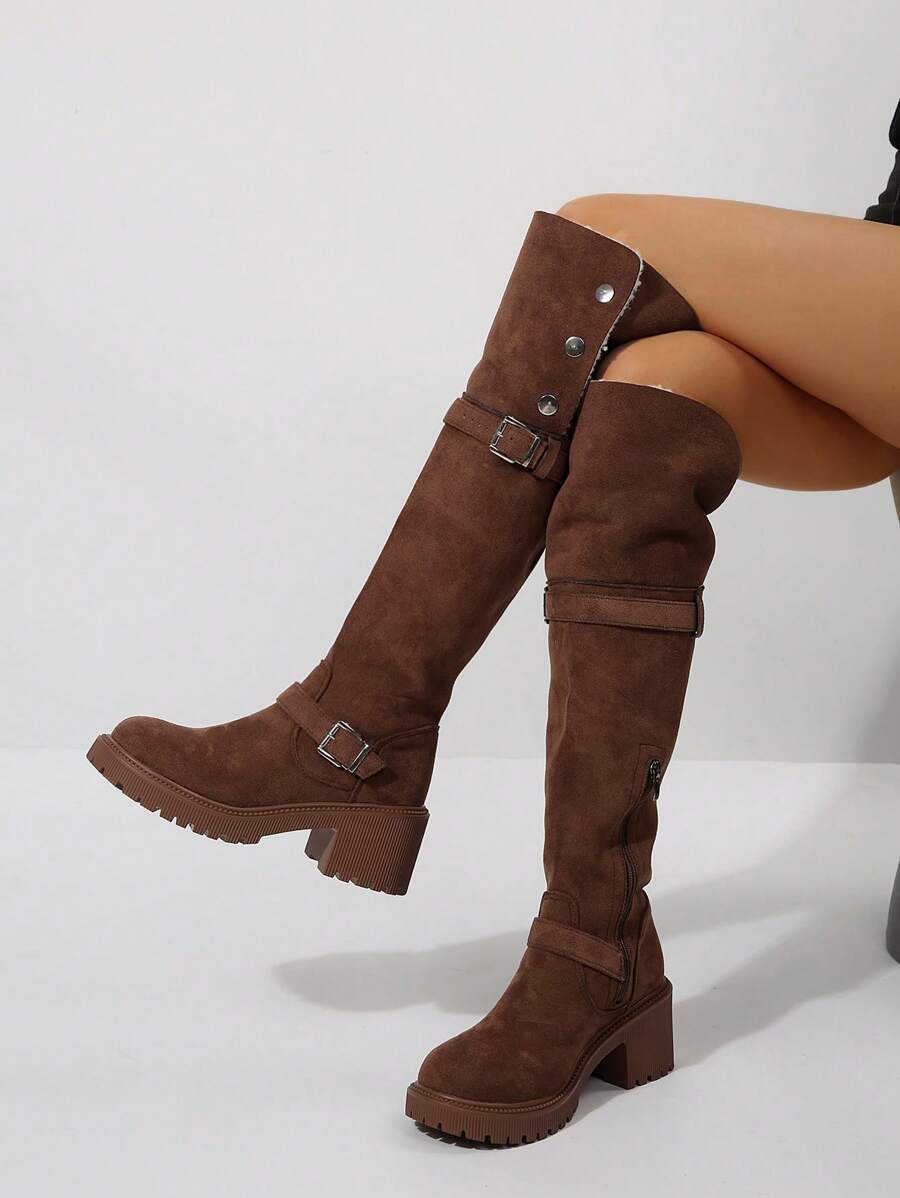 Giày bốt cao đến đùi đế dày có thể gấp lại thời trang dành cho nữ, mùa thu/đông mới, giày bốt cao đến đầu gối có gót dày