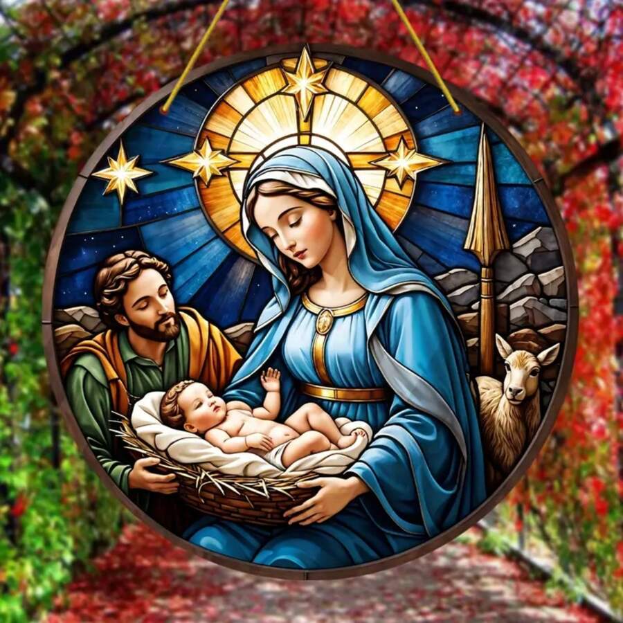 1pc 8 Inch X 8 Inch Gỗ Treo Trang Trí Cảnh Chúa Giáng Sinh - Biển báo trang trí Giáng sinh/Năm mới, Quà tặng Giáng sinh/Năm mới, Vườn tròn & Trang trí nhà cửa, Thích hợp cho Hiên nhà, Phòng & Tường, Phong cách ngẫu nhiên - Nhiều màu - Xem 1