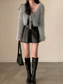 Short Solid Color Pattern Knitted Cardigan For Autumn/Winter - Grey - View 6