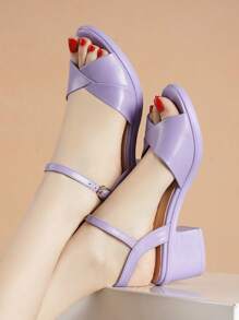 全新夏季女式白色露趾粗跟凉鞋 - 淡紫色 - 查看 2