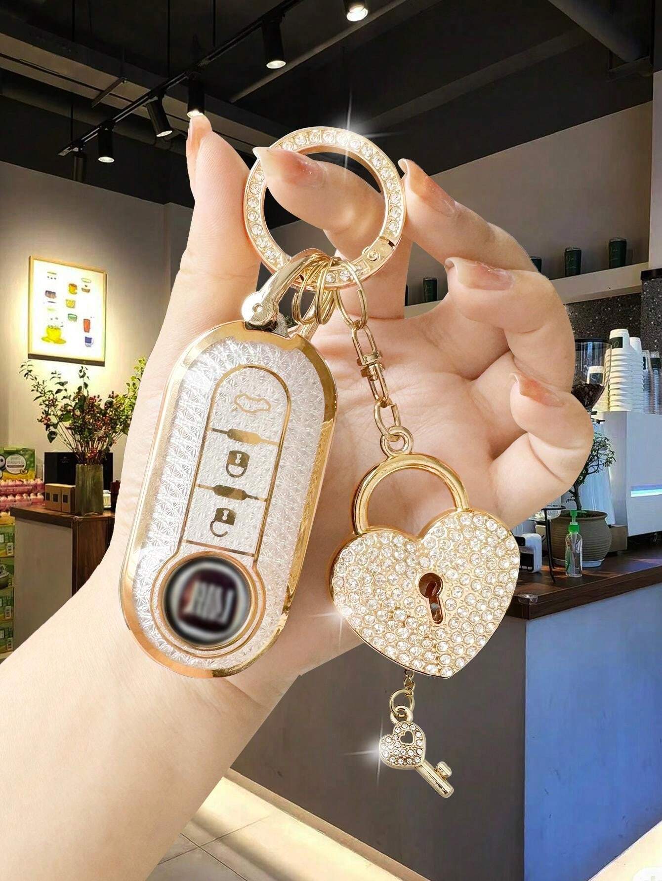 Premium Crystal White/Crystal Pink Diamond Heart Lock&Key Chain