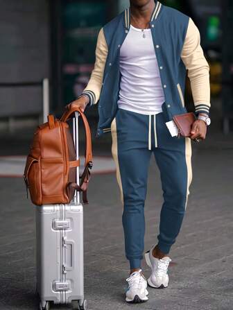 1set Men Casual Collared Single-Breasted Color Block Baseball Jacket + Pants Two-Piece Outfit, Thick Style Suitable For Outdoor Travel And Daily Leisure, Fall Clothes