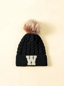 1 件儿童字母设计冬季毛绒球帽 - 黑色 - 查看 23