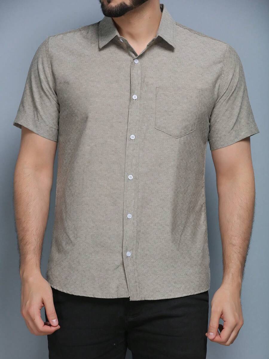 Men's Short Sleeve Dress Shirt With Print And Pocket In Cotton 61, Polyester 39 - Fresh Shirt - Comfortable - Màu xám đen - Xem 1