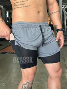 Men's 2 In 1 Dry Fit Lined Bermuda Shorts Gym Running Training With Elastane - Gris Oscuro - Ver 4