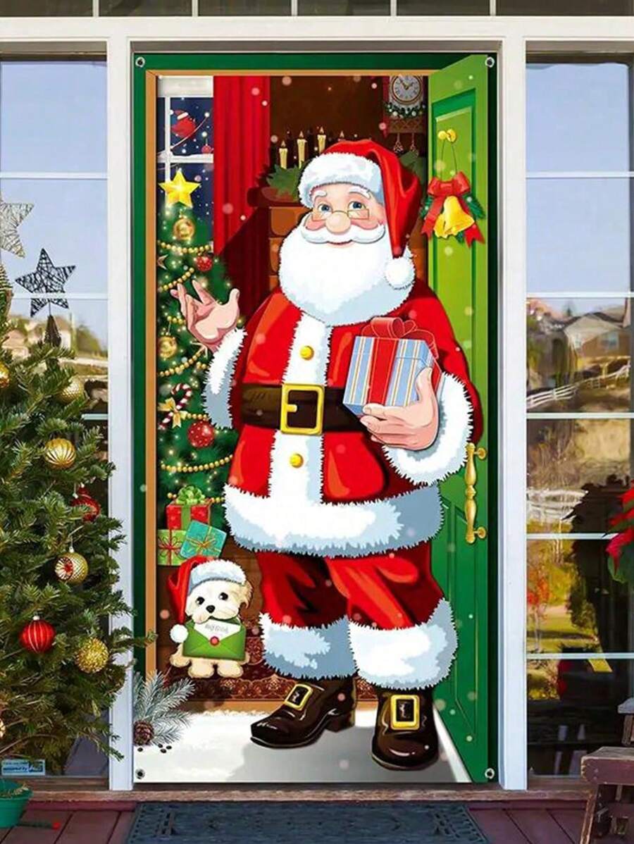 1 tấm rèm cửa hoặc biểu ngữ trang trí theo chủ đề ông già Noel mừng Giáng sinh - Nhiều màu - Xem 1