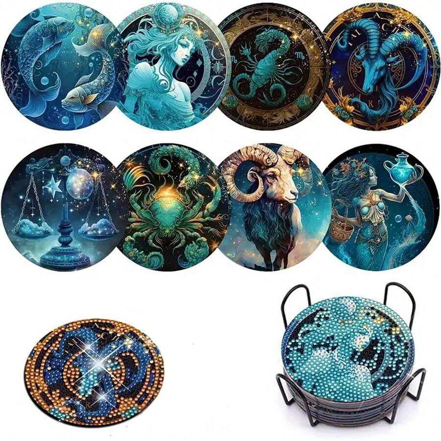 8 件/套星座图案钻石彩绘杯垫套装，带支架的闪亮水钻耐热饮料杯垫，适合初学者和成人的 DIY 杯垫，人造钻石工艺品用品礼物 - 彩色 - 查看 1