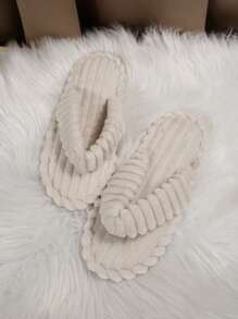 秋冬春秋新款女士拖鞋 时尚条纹黑色、米色、粉色 舒适防滑平底室内卧室人字拖，毛绒拖鞋