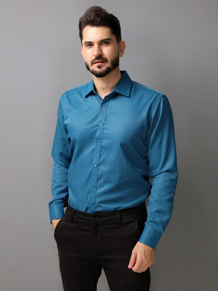 Long Sleeve Dress Shirt Does Not Wrinkle Easily - Cadet Blue - View 1