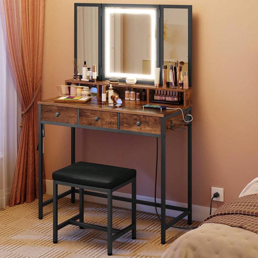 Vanity Desk With LED Lighted Mirror And Power Outlet, Makeup Vanity