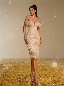 Smilprince Elegant Champagne Off-Shoulder Midi Dress With 3D Floral Appliques, Beaded Detailing, Formal Cocktail Dress Party Dress Wedding Guest Dress