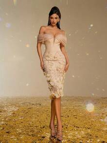 Smilprince Elegant Champagne Off-Shoulder Midi Dress With 3D Floral Appliques, Beaded Detailing, Formal Cocktail Dress Party Dress Wedding Guest Dress