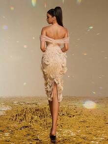 Smilprince Elegant Champagne Off-Shoulder Midi Dress With 3D Floral Appliques, Beaded Detailing, Formal Cocktail Dress Party Dress Wedding Guest Dress