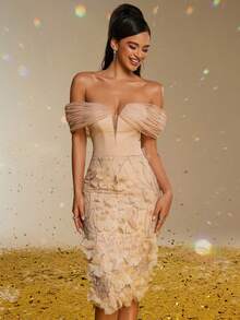 Smilprince Elegant Champagne Off-Shoulder Midi Dress With 3D Floral Appliques, Beaded Detailing, Formal Cocktail Dress Party Dress Wedding Guest Dress