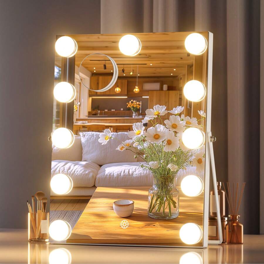 Hasipu Makeup Vanity Mirror With Lights, 11" X 14" Tabletop Led Mirror With 11 Dimmable Bulbs, 3 Colors Mode Lighting Mirrors With Stand Aluminum Thin Frame For Living Room, Home Bathroom Decor Summer Makeup Organizer Bathroom Accessories Back To School