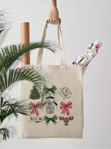 VOESETO 1 件圣诞树图案手提包单肩包，适合旅行日常通勤女士可重复使用购物袋，送给她的最佳礼物，折叠单肩包夏季海滩度假包圣诞礼物 - 米色 - 查看 6