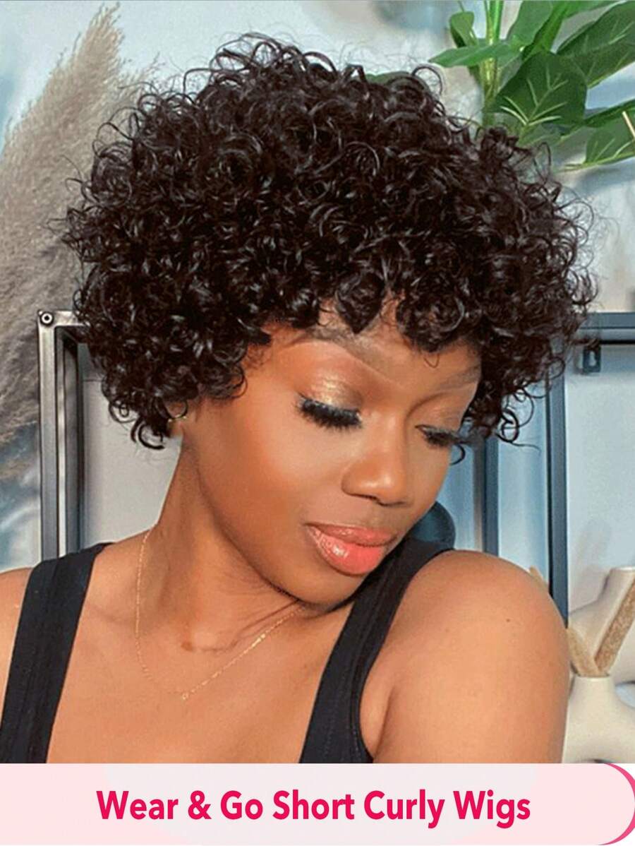 短款卷发假发 人发假发 精灵短发 非洲式卷发假发 带刘海 巴西雷米人发机织假发 深棕色