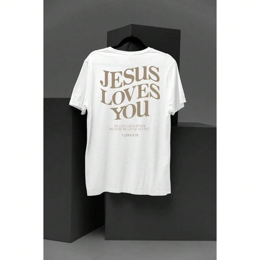 Men's Streetwear T-Shirt 100% Premium Cotton Jesus Love You Men's Shirt - 白色 - 查看 1