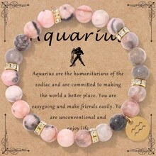 1 pieza Nuevo brazalete de cuentas de jaspe rosa con estampado de cebra de 8mm, Pulsera elástica con 12 signos del zodíaco, Juego de pulseras para pareja, Regalo de cumpleaños de joyería