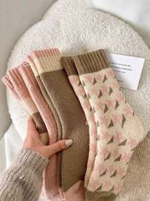 4 双女士加厚保暖粉色毛绒袜子 - 粉色 - 查看 2