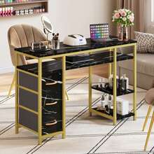 Manicure Table, Nail Desk For Nail Tech, Marbling Texture Manicure Desk With 3 Drawers & Open Shelves For Beauty Salon Spa Black