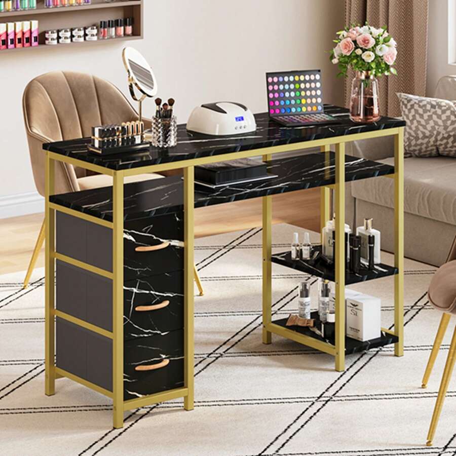 Manicure Table, Nail Desk For Nail Tech, Marbling Texture Manicure Desk With 3 Drawers & Open Shelves For Beauty Salon Spa Black