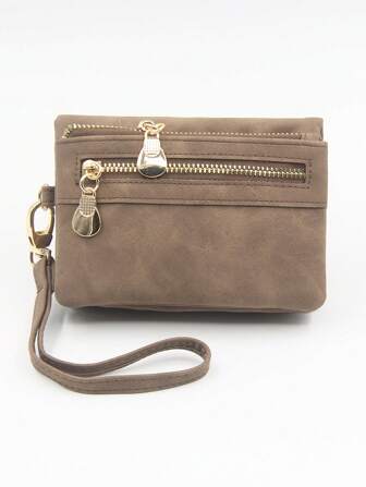A Coffee-Colored Short Double Zipper Purse European And American Vintage High Texture Frosted PU Leather Wrist Small Square Bag Foldable And Expandable College Style Multi-Card Portable Short Ticket Holder Party Gift Boutique Ticket Holder