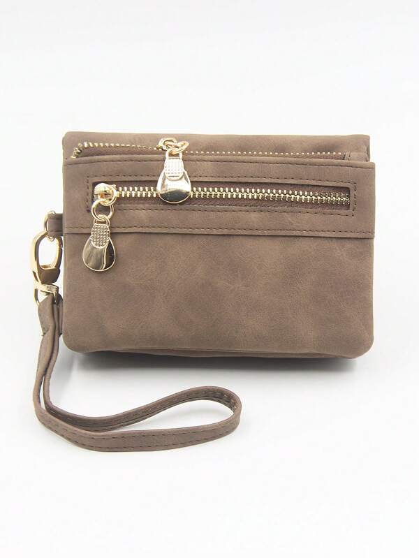 Borsellino corto con due cerniere, colore caffè, stile europeo e americano vintage, in pelle PU opaca ad alta texture, borsa quadrata piccola con polsino, pieghevole ed espandibile, stile college, portamonete multifunzione, porta biglietti da visita, regalo da boutique