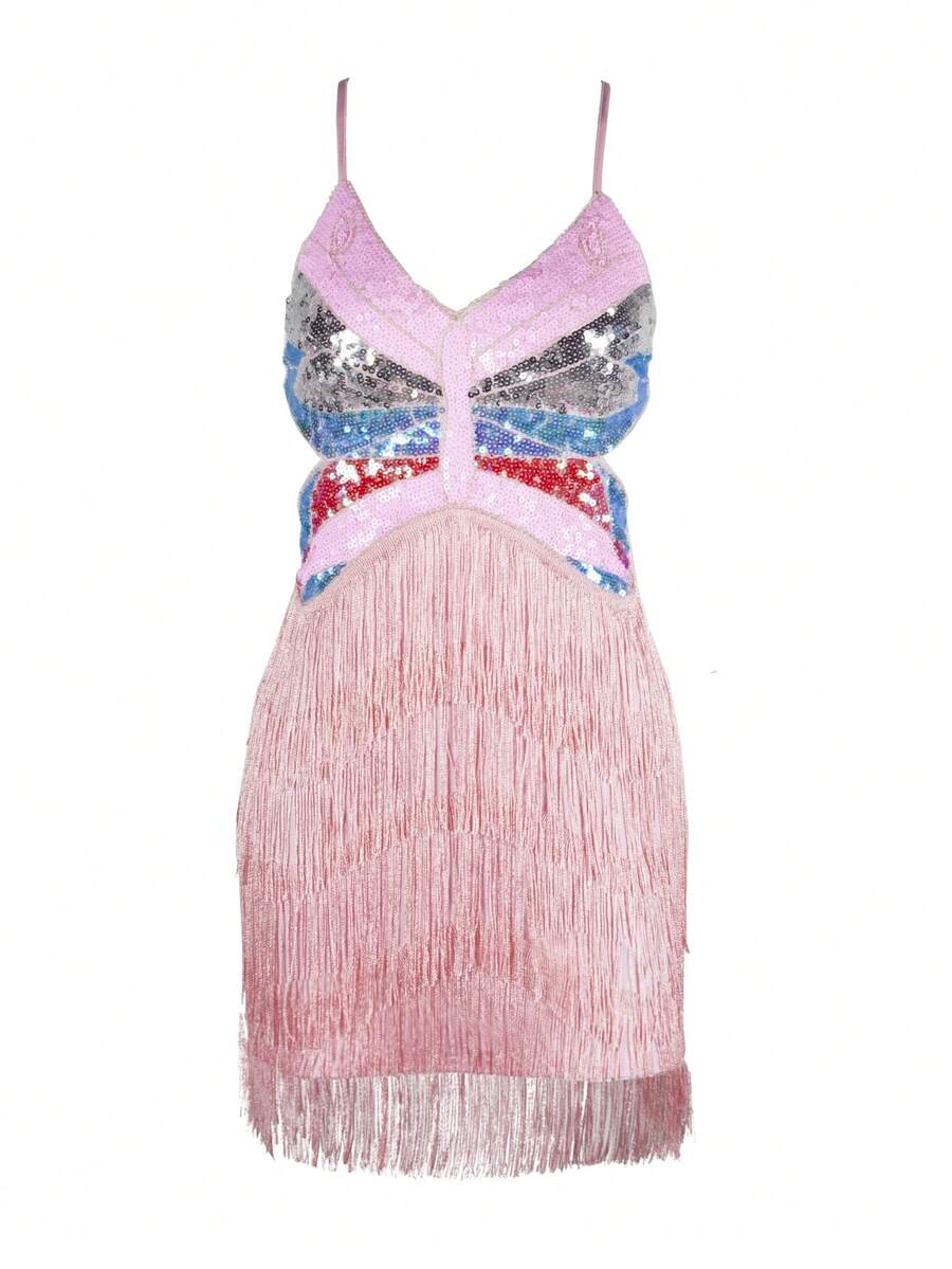 Y2K Rave Hottie Colorful Sequin Butterfly Layered Fringe Hem Criss Cross Backless Corset Shapewear Bodycon Cami Mini Dress - Pink - View 1