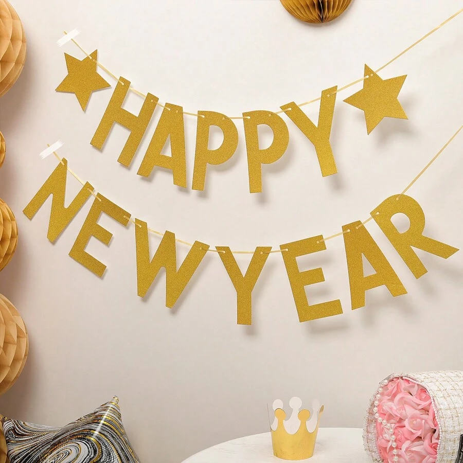 1 套新年快乐黑色和金色鱼尾铝箔五彩纸屑流苏花环派对装饰横幅 - 彩色 - 查看 1