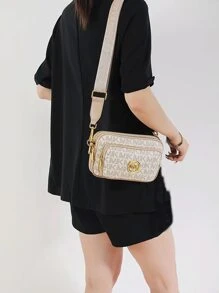 New Fashion Classic Versatile Solid Color PU Waterproof Material, Retro Metal Animal Logo Design Shoulder Bag/Square Bag, Allover Letter Print Decor Multi-Compartment Crossbody Wallet, Zipper Closure Women's Elegant Wallet, Suitable For Shopping, Holiday Gifts, Participating In Favorite Activities - Beige - View 4