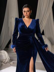 Faeriesty Plus Solid Surplice Neck Draped Side Velvet Formal Party Dress - Navy Blue - View 7