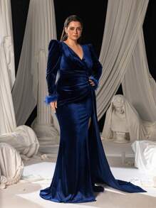 Faeriesty Plus Solid Surplice Neck Draped Side Velvet Formal Party Dress - Navy Blue - View 6