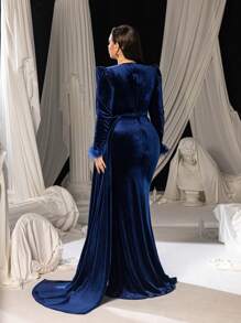 Faeriesty Plus Solid Surplice Neck Draped Side Velvet Formal Party Dress - Navy Blue - View 3