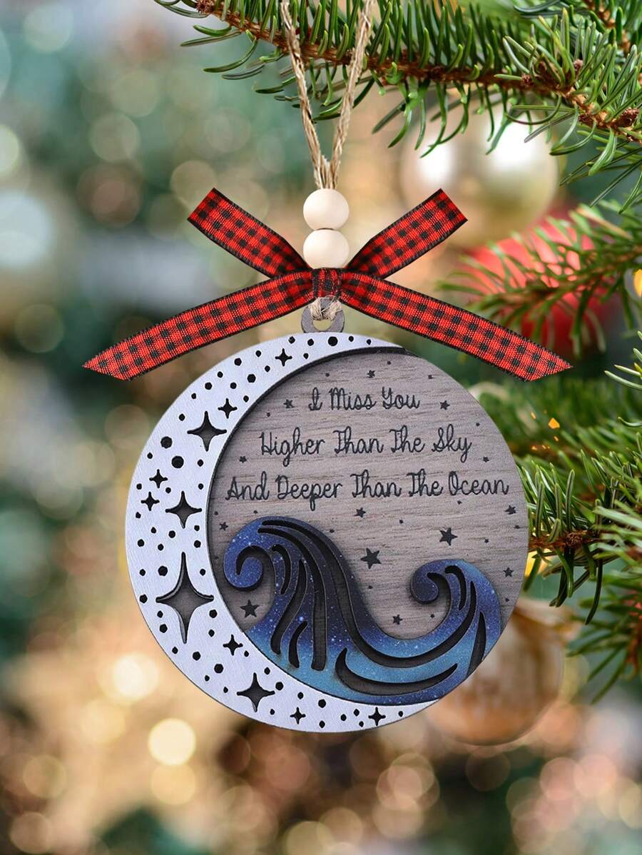 我对你的思念比天空更高，比海洋更深，新月海浪装饰，海滩海洋装饰，纪念礼物 2 层木制装饰，树上挂饰，家居饰品装饰，圣诞礼物 - 彩色 - 查看 1