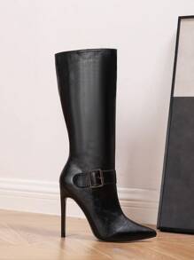 Giày bốt cao gót mũi nhọn 12cm thời trang gợi cảm dây da đen có khóa kéo mỏng bên hông dành cho nữ, phong cách với váy - màu đen - Xem 5