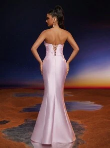 Anymoon 3D手工花卉荷叶边美人鱼伴娘礼服 - 粉色 - 查看 2