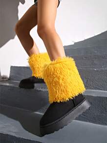 新款女士休闲保暖防滑撞色毛边拼接雪地靴，舒适黑色鞋子 - 黑色 - 查看 3