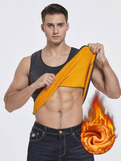 1 件男士加厚保暖内衬修身无袖背心，黑色和金色，冬季保暖内衣，适合中老年人加大码