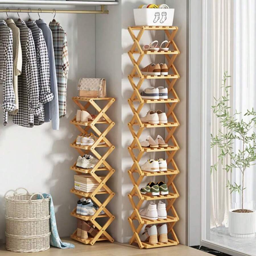 1pc Bamboo No-Installation Folding Shoe Rack, Suitable For Dining Room, Entryway, Bedroom, Living Room - Ginger - View 1