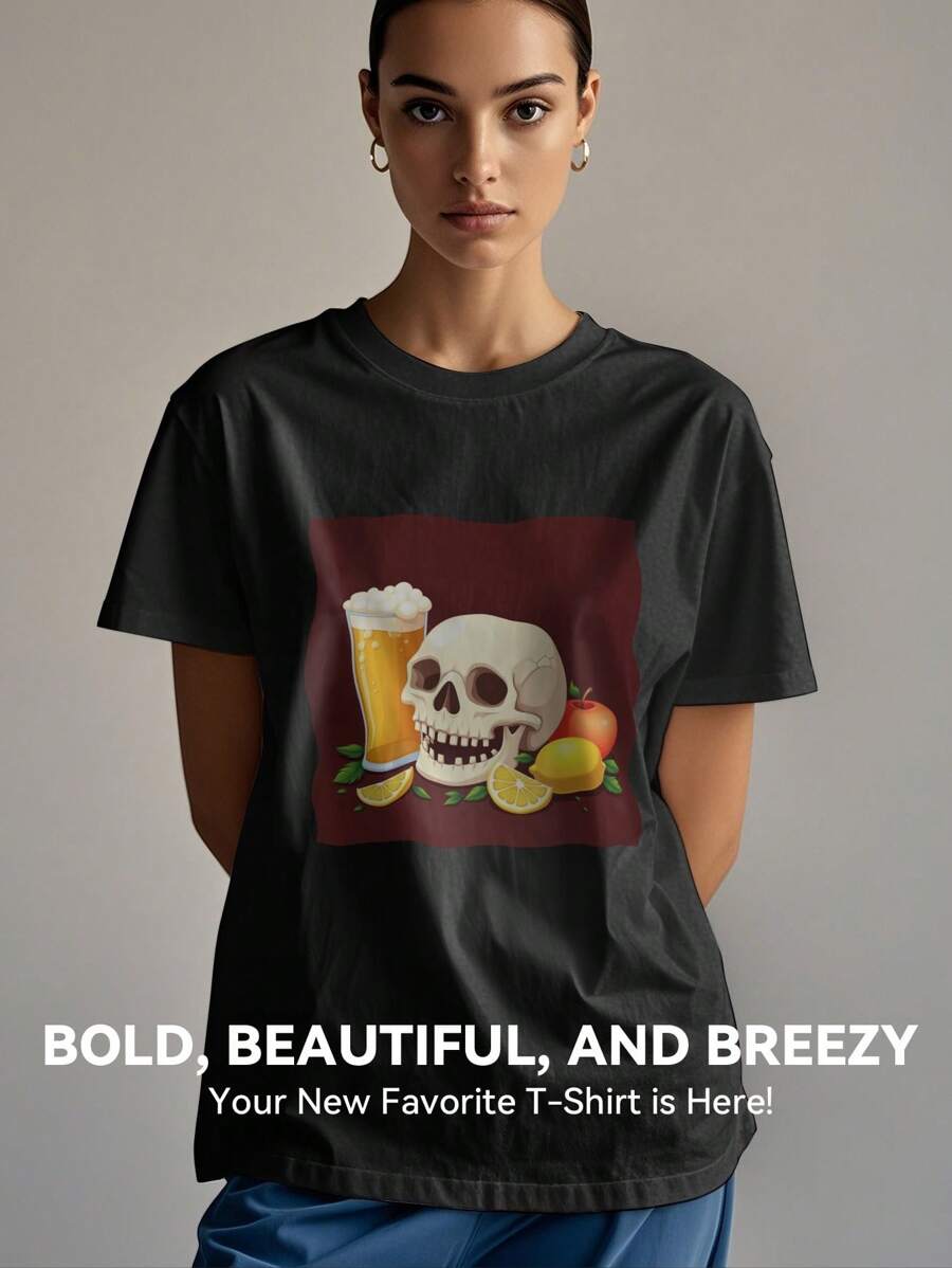 Women's Print Short Sleeve T-Shirt, Black & White Shirt, 180gsm Shirt, Crew Neck Short Sleeve T-Shirt, Breathable & Comfortable Casual Sports Fitness Tee, Casual Vintage Style, Suitable For Summer, Beach Holiday Crew Neck Short Sleeve Casual T-Shirt, Summer Tee - 黑 - 查看 1