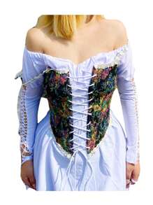 Womens Vintage Jacquard Bandage Camisole Boat Neck Flounce Irregular Suspender Corset - Black - View 2