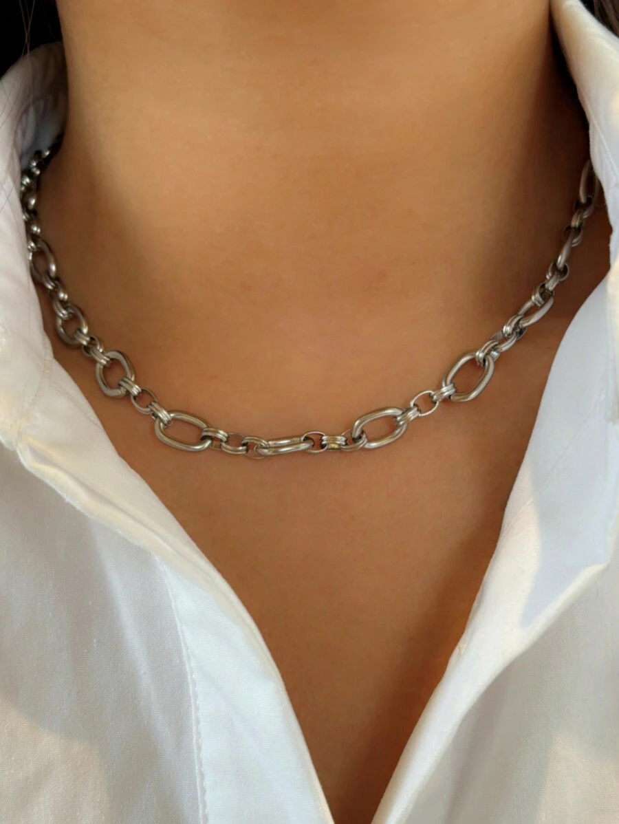 1 件简约椭圆形不锈钢粗链项链，男女通用配饰，适合通勤 - 銀色 - 查看 1