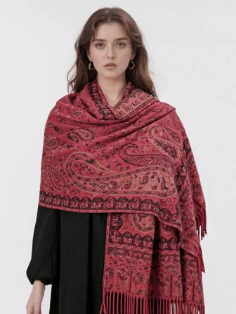 1 件女士优雅佩斯利提花厚羊绒围巾，波西米亚风格，带流苏，Vibe，百搭披肩，适合秋冬季日常/街头穿着