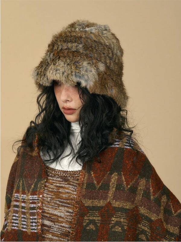 1pc Rabbit Hair Warm Fluffy Hat For Women, Autumn/Winter Retro Khaki Furry Earmuff Knit Cap