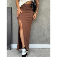Jade Ribbed Skirt With Side Slit And Elastane - Blogger Style Midi Long Ribbed Slit Skirt - Super Comfortable Casual Fashion With Great Fit High Waist - 鏽棕色 - 查看 2