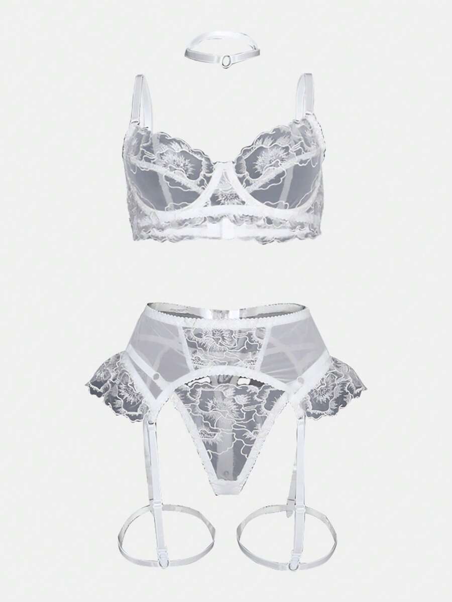 Bộ đồ lót gợi cảm thêu lưới 6 món - trắng - Xem 1